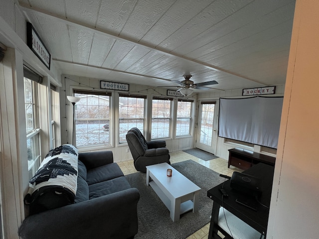 living room featuring ceiling fan