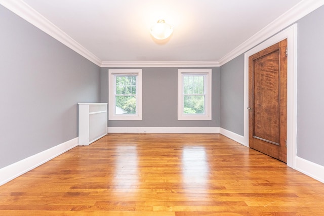 spare room featuring light hardwood / wood-style floors and ornamental molding