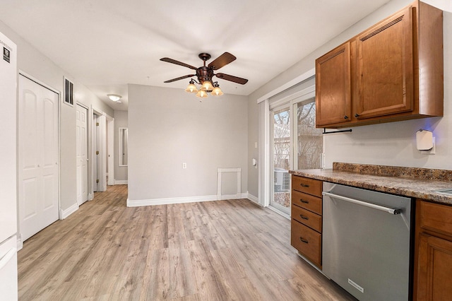 kitchen with ceiling fan, light hardwood / wood-style flooring, and stainless steel dishwasher