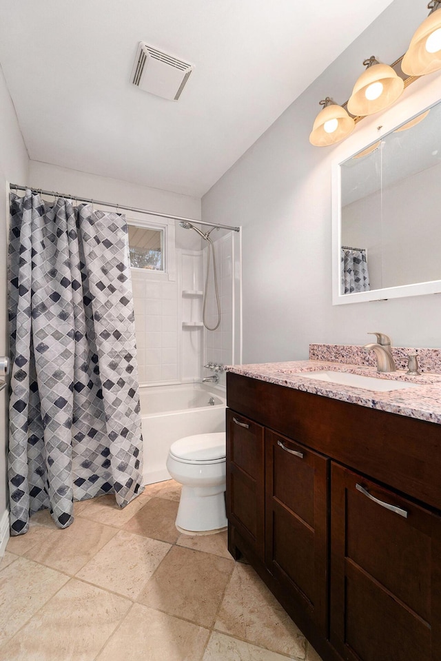 full bathroom featuring shower / bathtub combination with curtain, vanity, and toilet