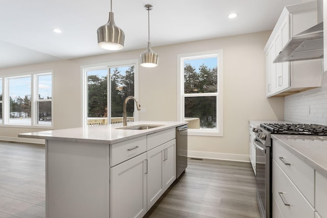 kitchen with white cabinets, appliances with stainless steel finishes, wall chimney exhaust hood, and sink