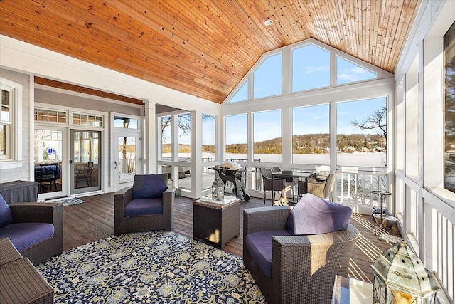 sunroom with ornate columns, a wealth of natural light, and wood ceiling