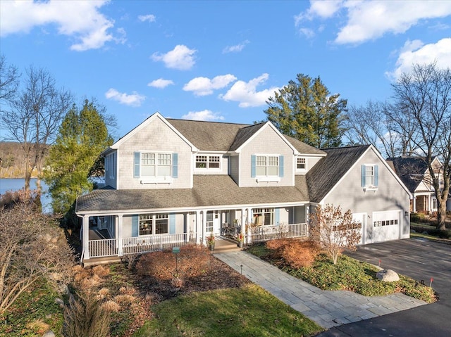 view of front of property featuring covered porch and a garage