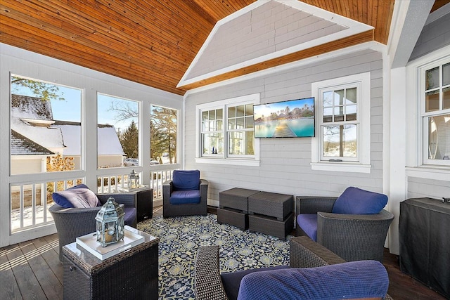 sunroom / solarium with vaulted ceiling and wood ceiling