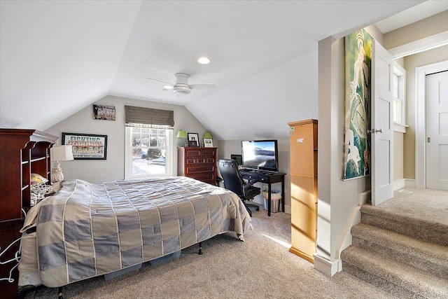 bedroom featuring carpet, ceiling fan, and vaulted ceiling