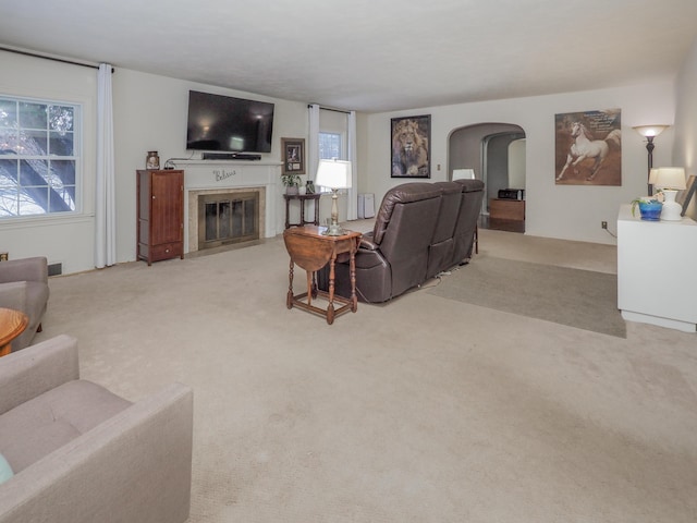 living room featuring light colored carpet