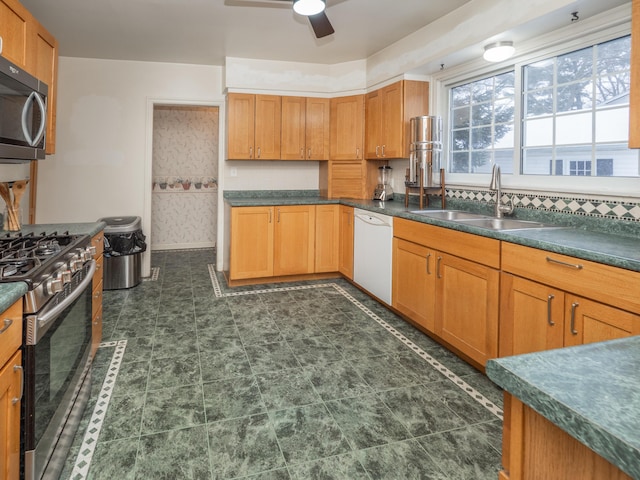 kitchen with appliances with stainless steel finishes, backsplash, ceiling fan, and sink