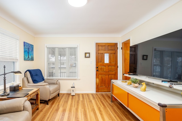 living area with light hardwood / wood-style floors