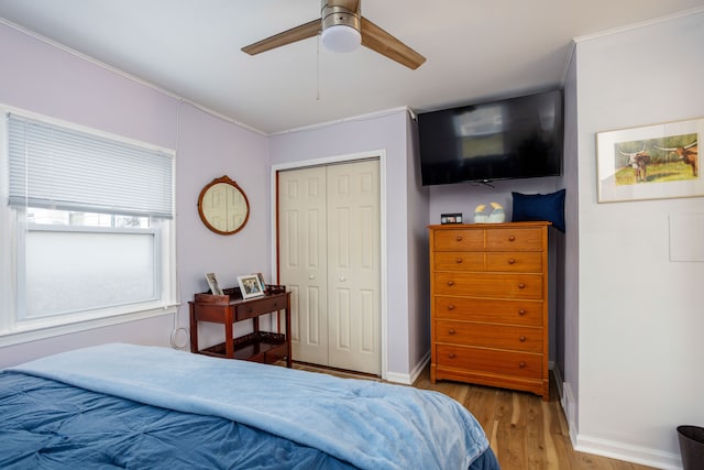 bedroom with ceiling fan, a closet, ornamental molding, and light wood-type flooring