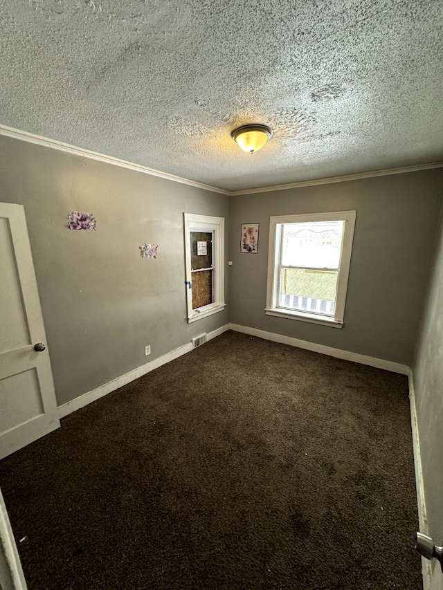 carpeted spare room with ornamental molding and a textured ceiling