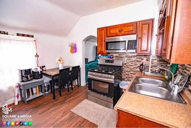 kitchen with vaulted ceiling, dark hardwood / wood-style floors, decorative backsplash, sink, and stainless steel appliances