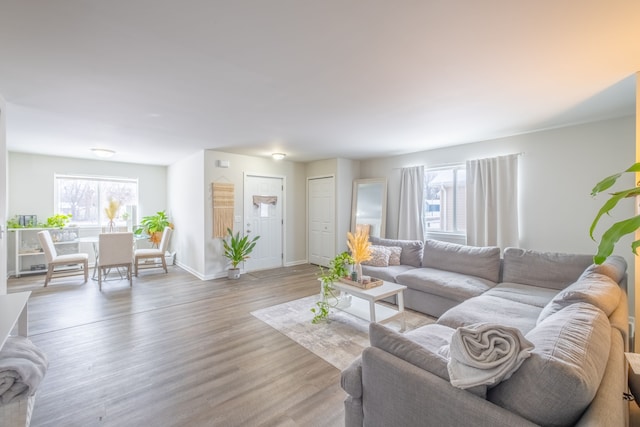 living area with light wood-style flooring, plenty of natural light, and baseboards