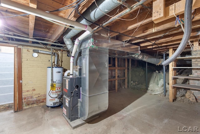 basement featuring gas water heater and heating unit