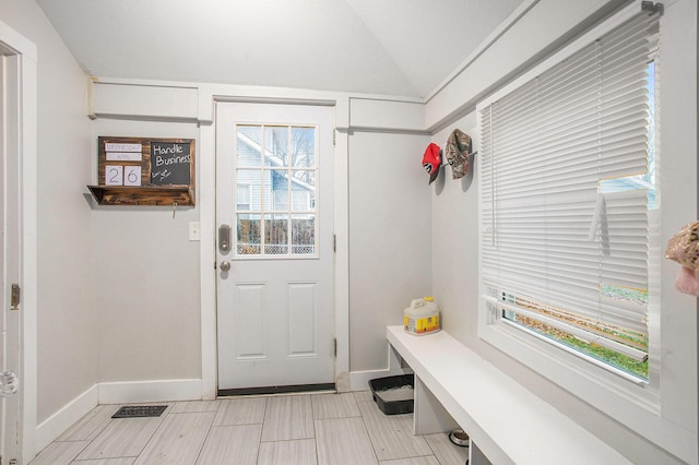 mudroom featuring lofted ceiling