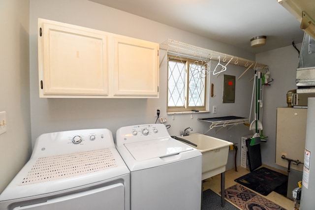 clothes washing area with cabinets, electric panel, washer and clothes dryer, and sink