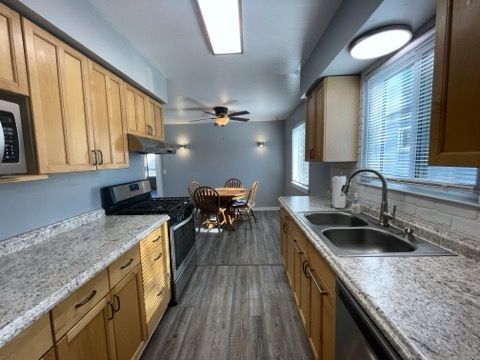 kitchen featuring dark hardwood / wood-style flooring, ceiling fan, sink, and appliances with stainless steel finishes