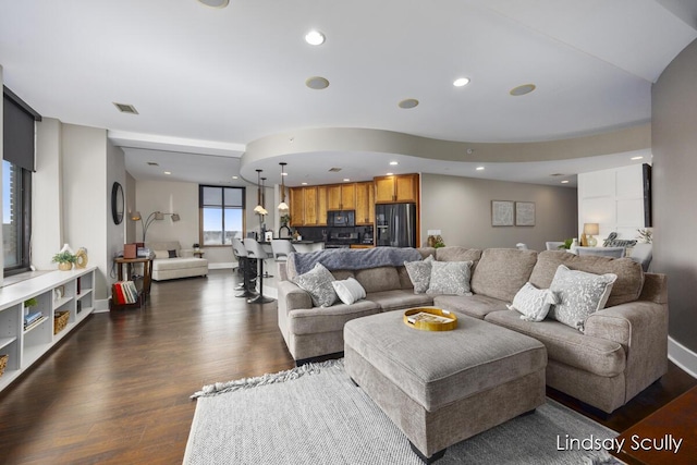 living room featuring dark wood-type flooring