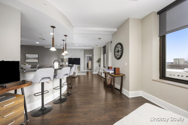 kitchen with pendant lighting and dark hardwood / wood-style flooring