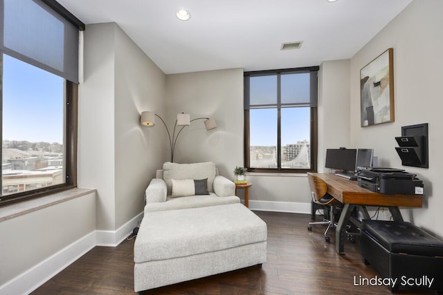 home office featuring dark hardwood / wood-style floors