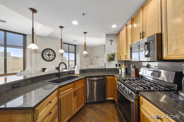 kitchen with sink, hanging light fixtures, dark hardwood / wood-style flooring, dark stone counters, and appliances with stainless steel finishes