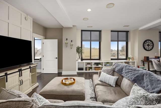 living room with dark hardwood / wood-style flooring