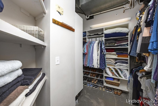 spacious closet with dark colored carpet