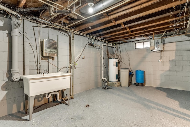 basement with sink, electric panel, and water heater