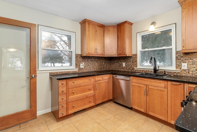 kitchen featuring backsplash, dishwasher, light tile patterned floors, and sink