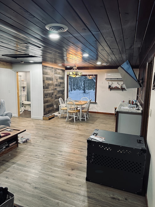 interior space with a wall unit AC, wooden walls, wooden ceiling, and wood-type flooring