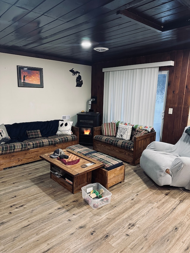 living room featuring wooden ceiling and light hardwood / wood-style flooring