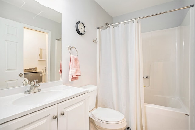 full bathroom with vanity, toilet, and shower / tub combo with curtain