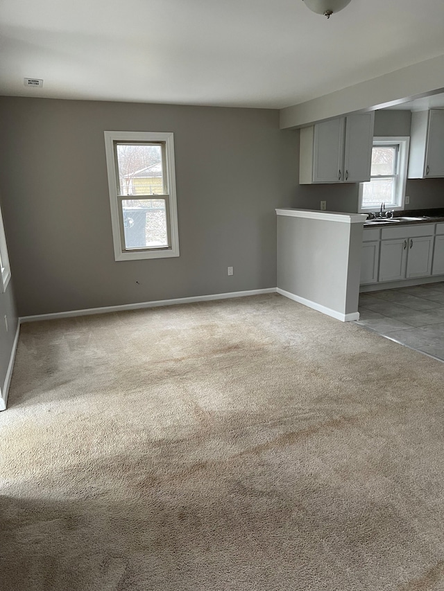 unfurnished living room with plenty of natural light, light colored carpet, and sink