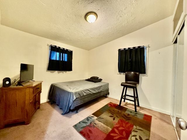 carpeted bedroom with vaulted ceiling and a textured ceiling