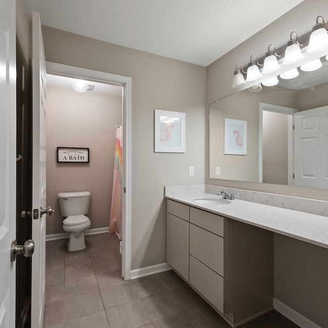 bathroom featuring toilet, vanity, and tile patterned floors