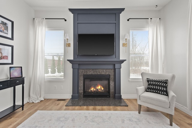 living area featuring hardwood / wood-style floors, a large fireplace, and plenty of natural light