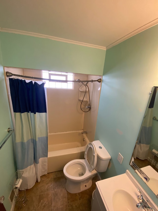 full bathroom featuring shower / bath combination with curtain, tile patterned flooring, toilet, vanity, and ornamental molding