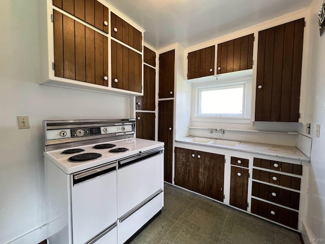 kitchen with white electric stove and sink