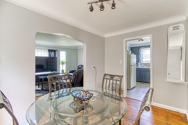 dining room with light hardwood / wood-style floors and crown molding