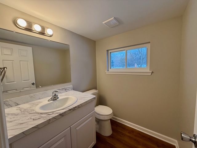 bathroom with hardwood / wood-style floors, vanity, and toilet