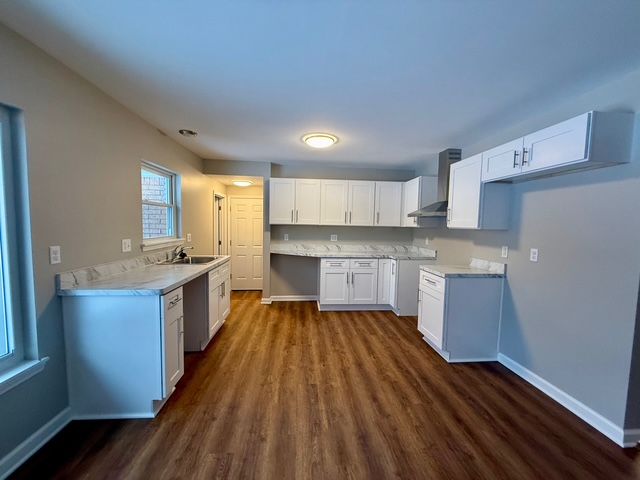 kitchen featuring stainless steel dishwasher, wall chimney exhaust hood, sink, dark hardwood / wood-style floors, and white cabinetry