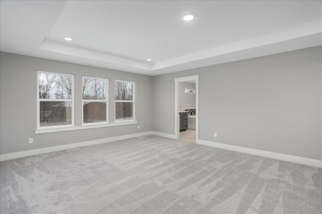 carpeted spare room featuring a tray ceiling