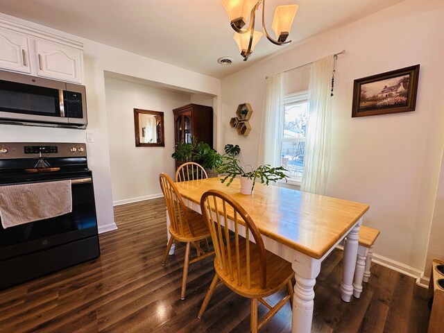 dining area with dark wood-type flooring and a chandelier