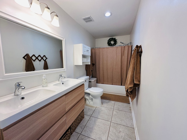 full bathroom featuring vanity, tile patterned flooring, shower / bathtub combination with curtain, and toilet