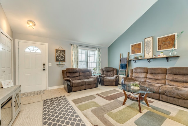 tiled living room with vaulted ceiling