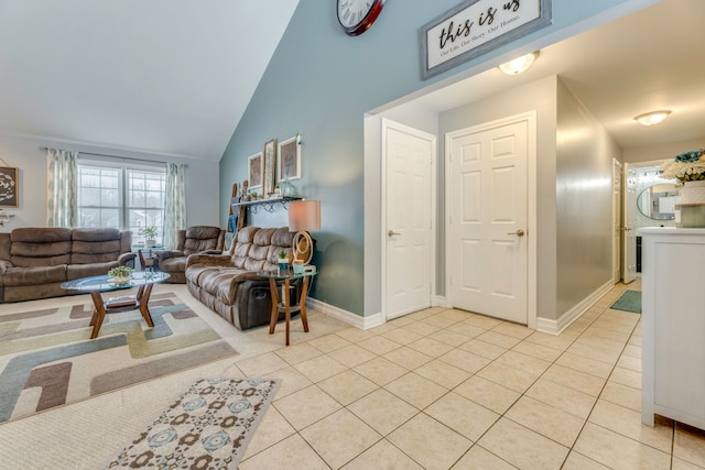 tiled living room with lofted ceiling