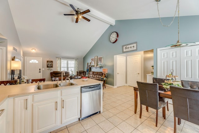 kitchen with beam ceiling, ceiling fan, dishwasher, sink, and white cabinets