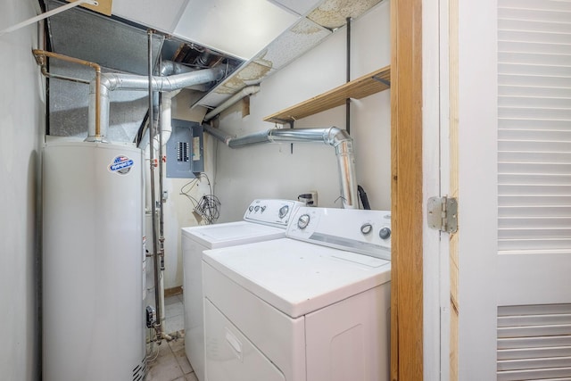 laundry area featuring separate washer and dryer, electric panel, and gas water heater