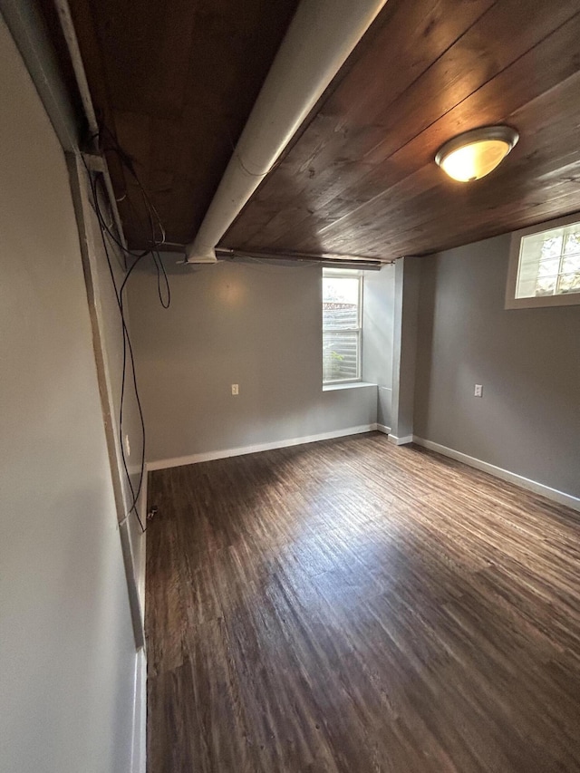 basement with wood ceiling and dark wood-type flooring