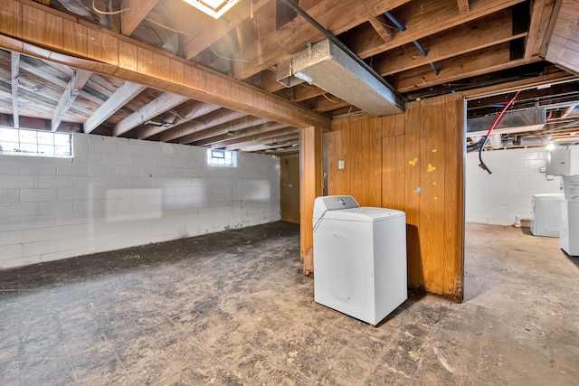 basement with washing machine and clothes dryer and electric panel