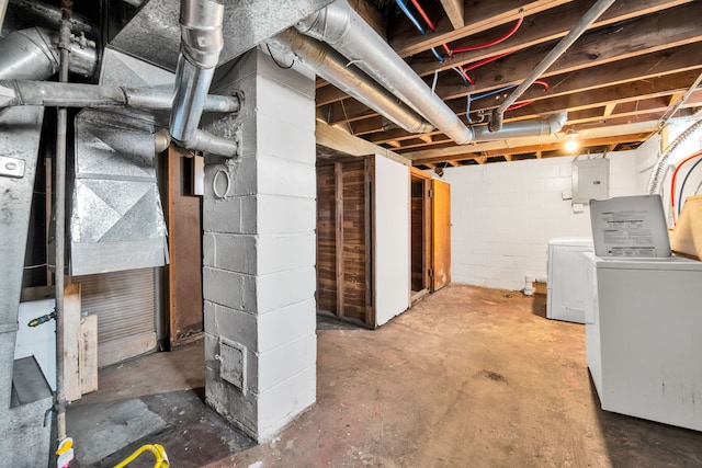 basement featuring washing machine and dryer and electric panel